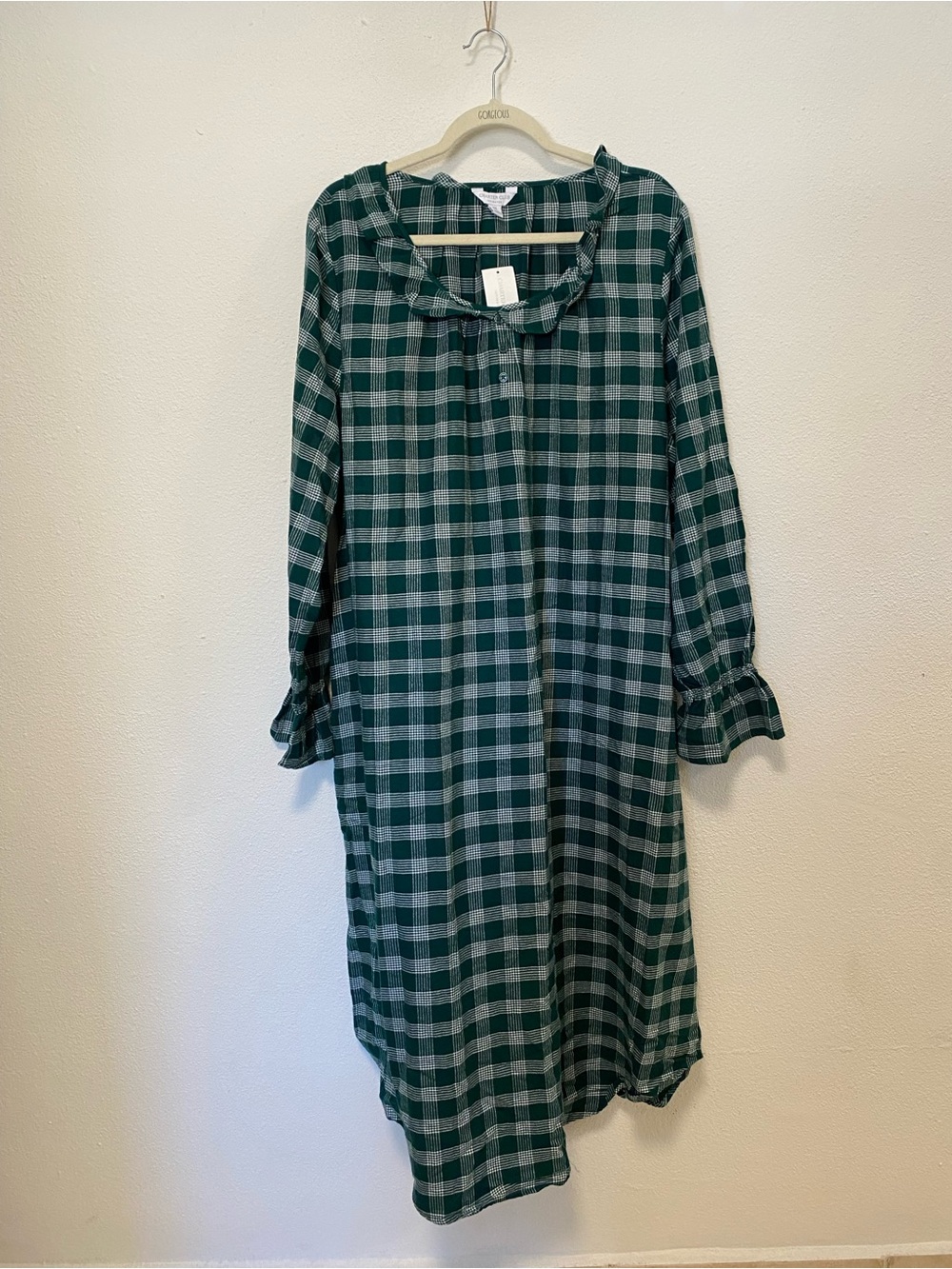 New Charter Club Ruffle-Neck Nightgown XXL Green Plaid Flannel Long Sleeve Cozy